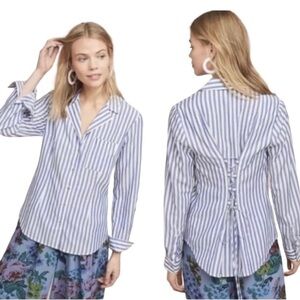 Striped Blue and White Button-Up Shirt with Back Lace Detail
